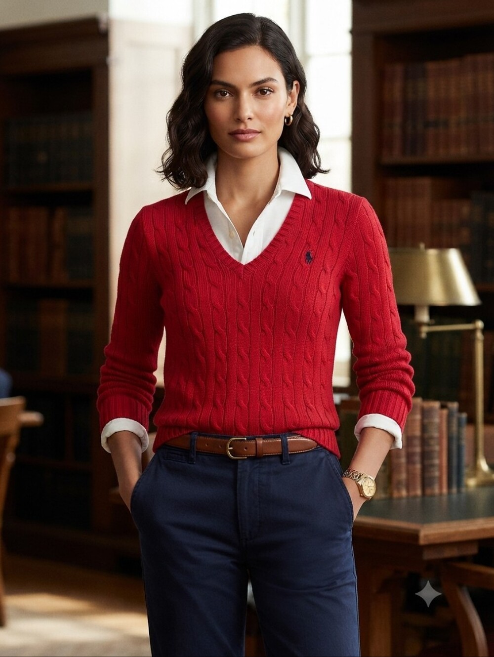 Ralph Lauren Sport Women's Red Cable V-Neck Sweater with Polo Pony XL